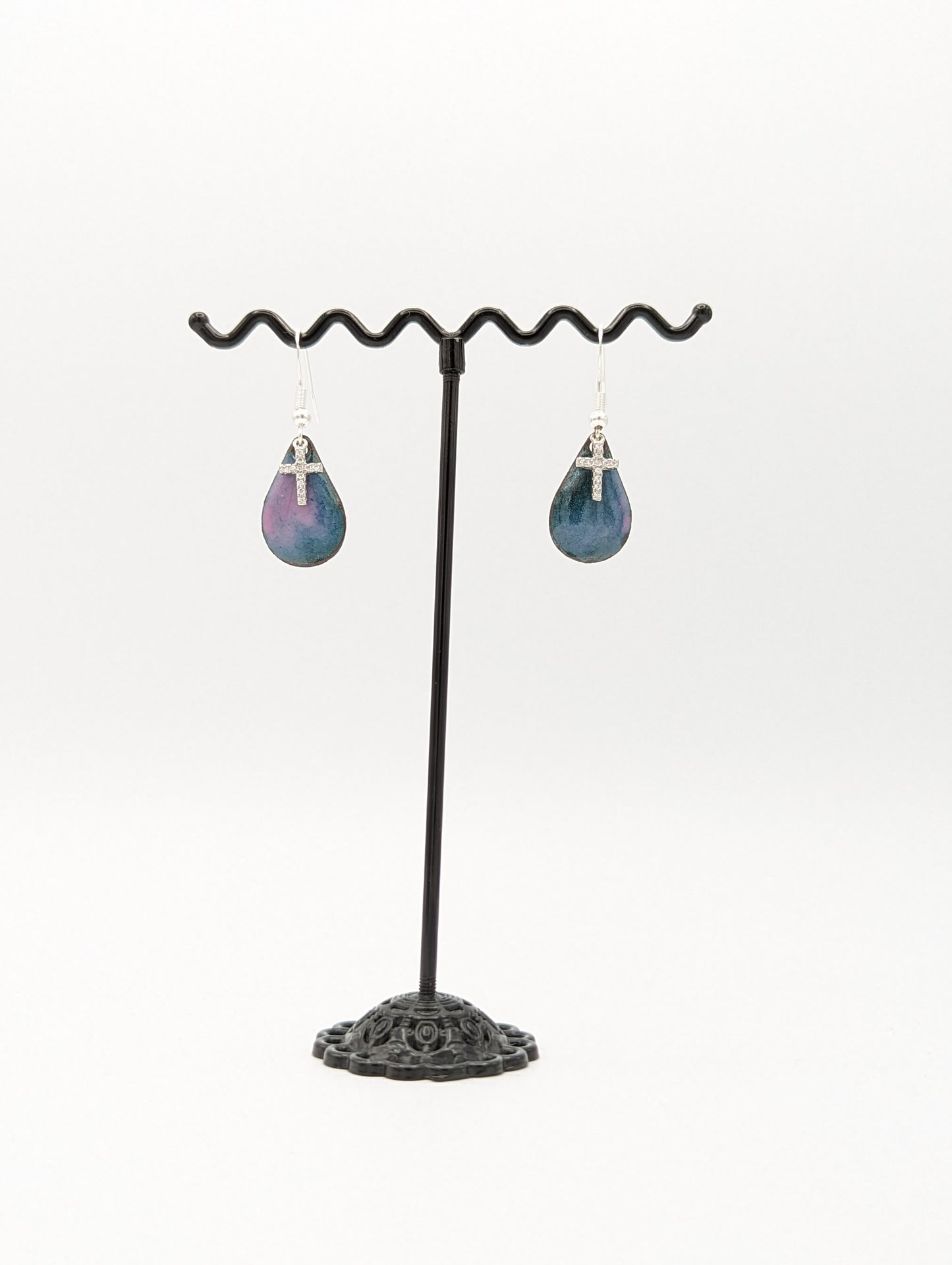 Boucles d'oreilles - goutte rose et croix